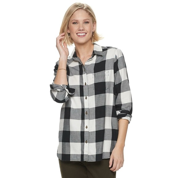 Sonoma Tops - Sonoma Black and White Buffalo Plaid Button-Down Shirt Bin B